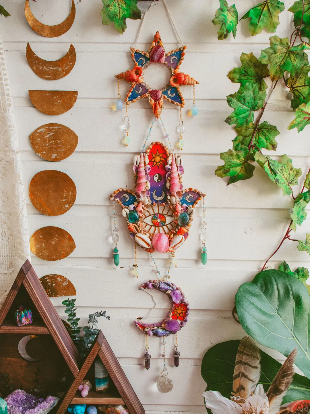 Mermaid Suncatcher “Balance“ made with shells, crystals and light refracting elements. Bohemian sun, moon and hamsa hand wall hanging with stained glass effect. Maximalist hippie home decor.