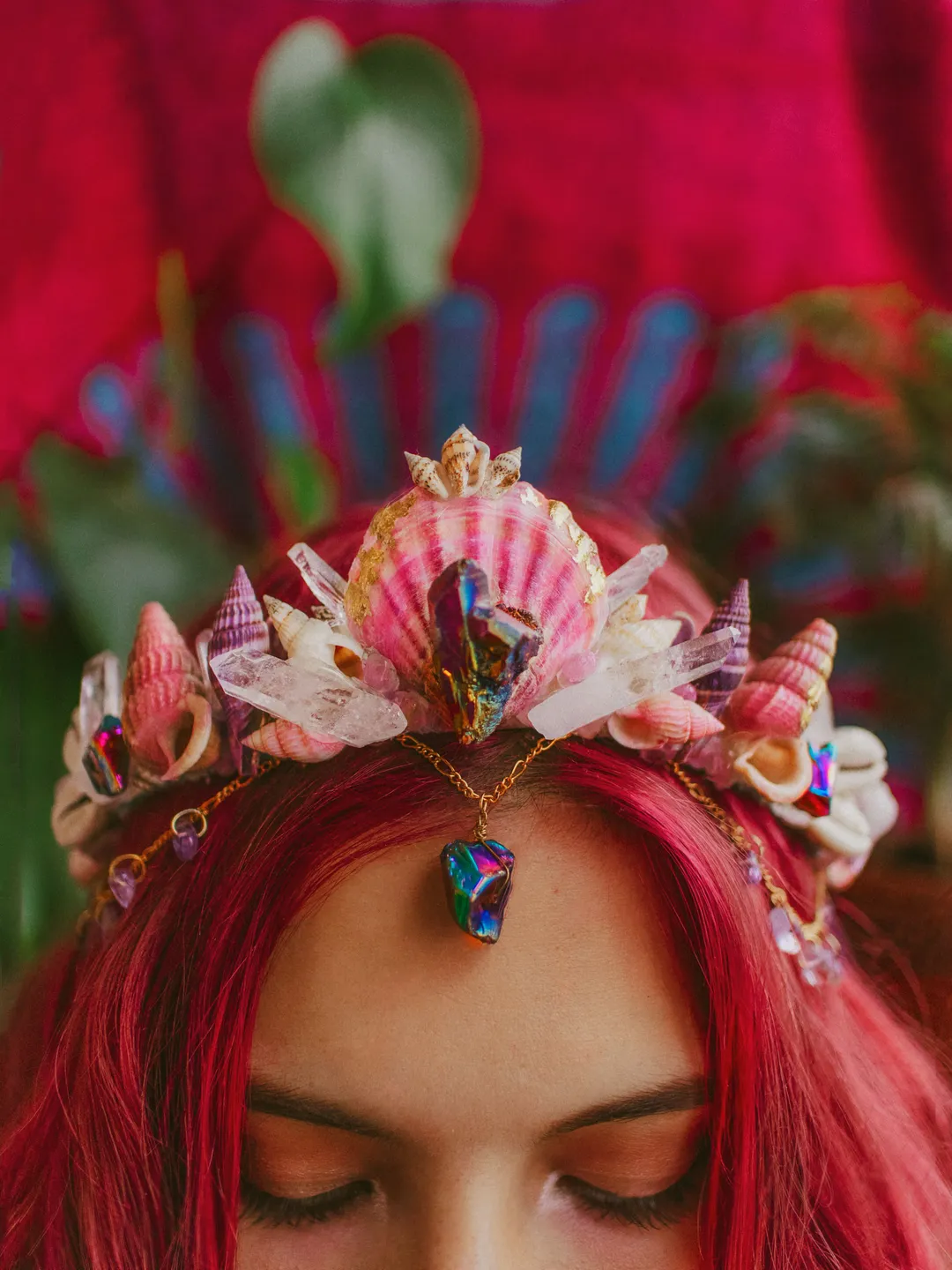 Mermaid Crown "Aura of Love" made with shells, crystals and chains. Pink bohemian hair accessory for festivals, weddings, proms. Whimsical hippie tiara.