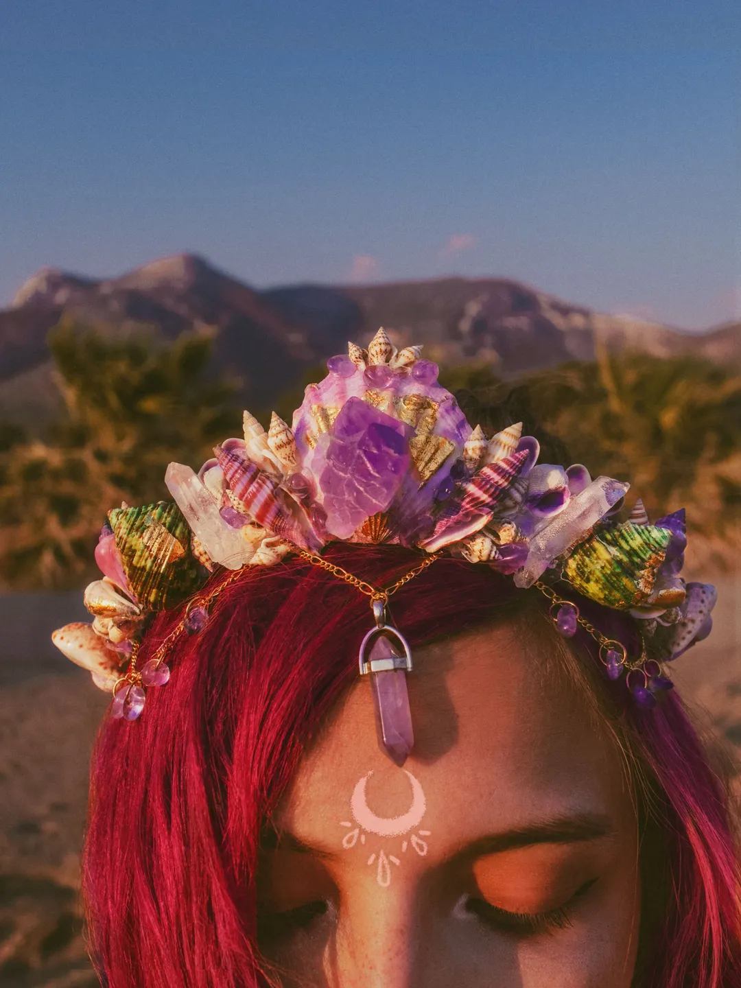 Mermaid Crown "Wild Spirit" made with shells, crystals and chains. Purple bohemian hair accessory for festivals, weddings, proms. Whimsical hippie tiara.