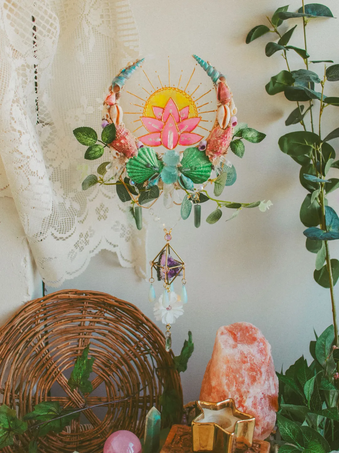 Mermaid Suncatcher “Lotus Sunrise“ made with shells, crystals and light refracting elements. Bohemian moon wall hanging with stained glass effect. Maximalist hippie home decor.