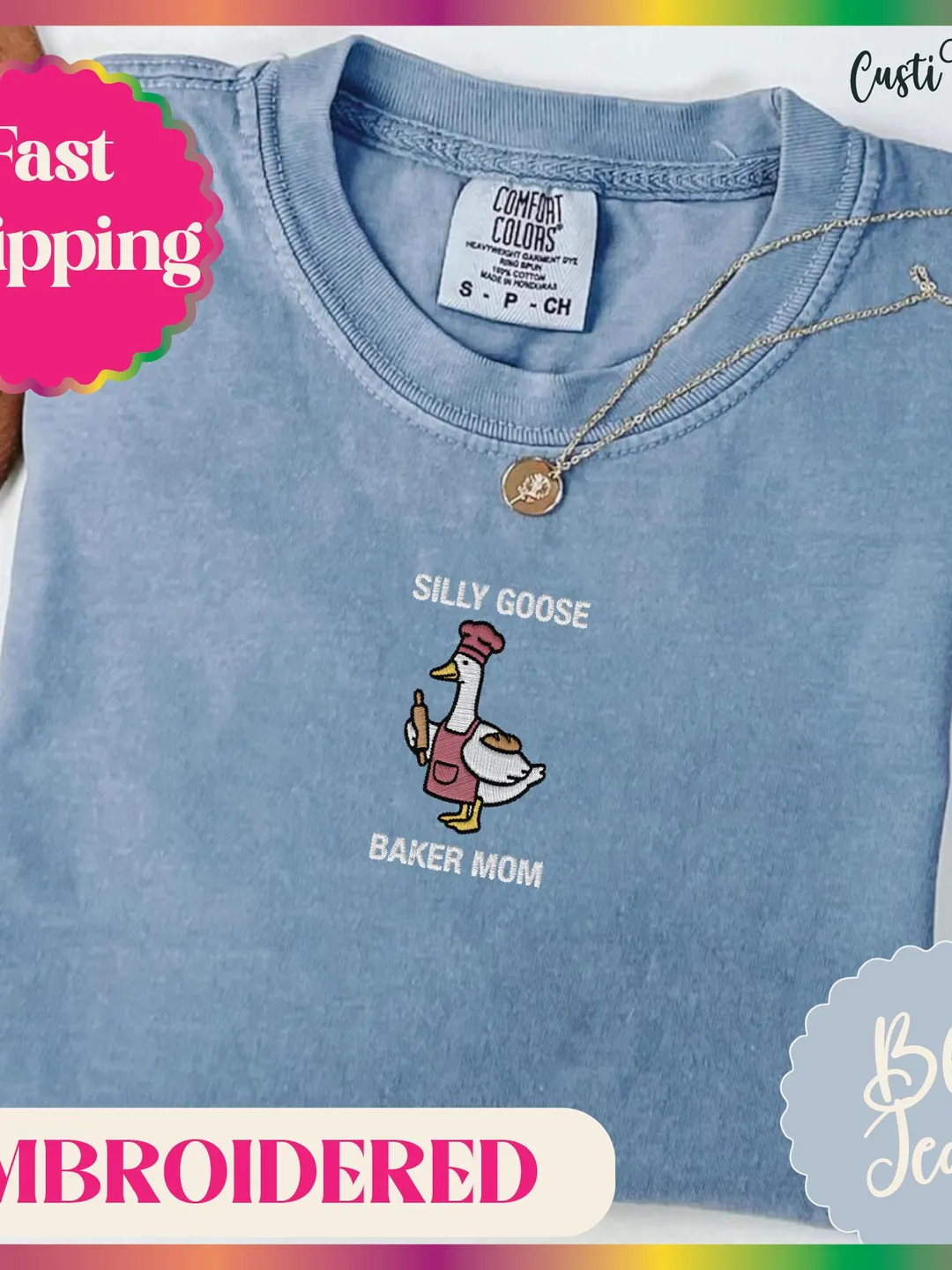 Silly Goose Baker Mom Shirt Embroidered. Funny Baking Gift for Mom. Comfort Colors Blue Jeans Tee. Cute Goose Embroidery. Baker Gift for Her