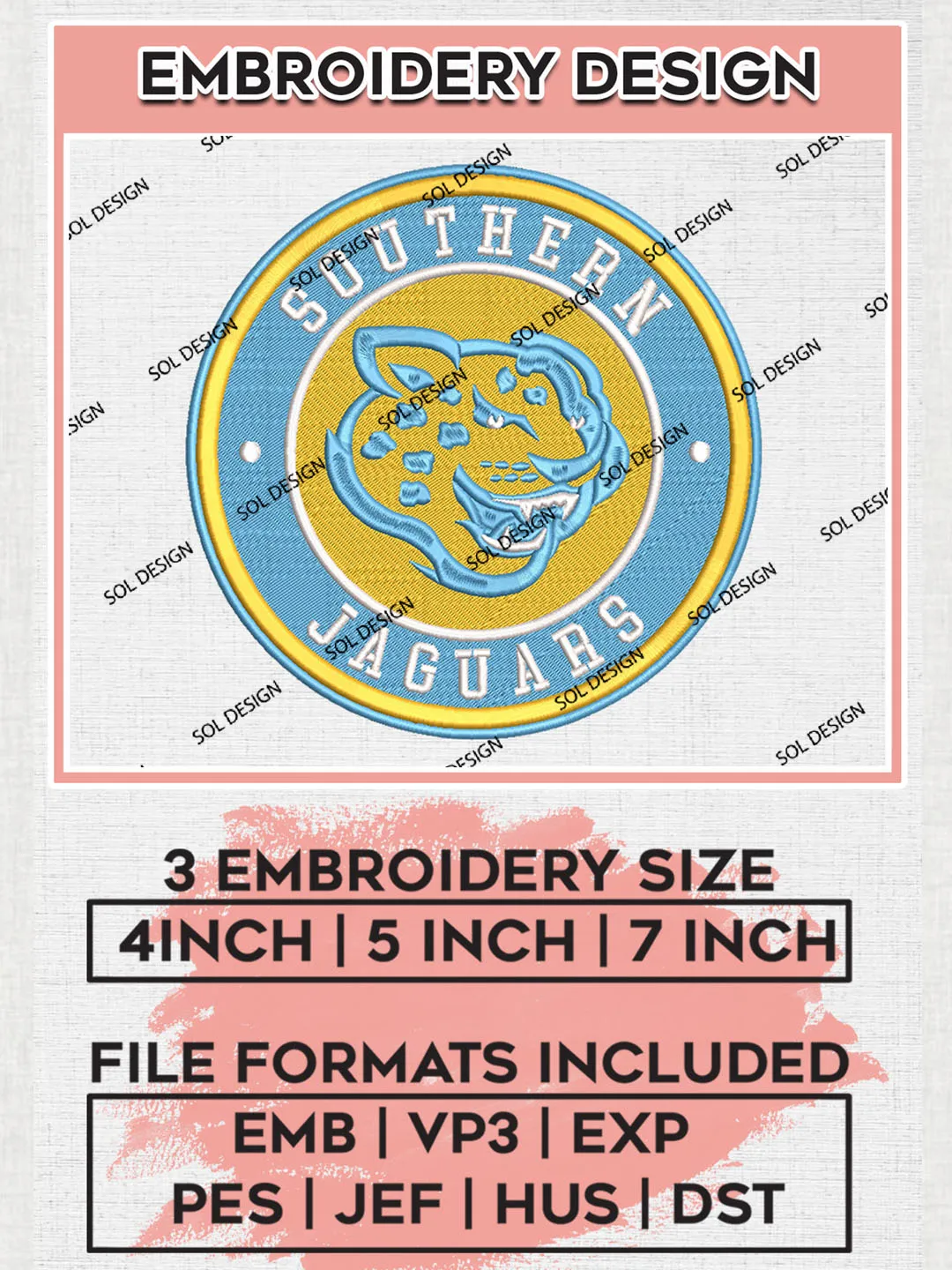 NCAA Southern Jaguars Round Logo Embroidery, NCAA Southern Jaguars Logo Embroidery files, NCAA Teams, Machine embroidery designs, Digital Download