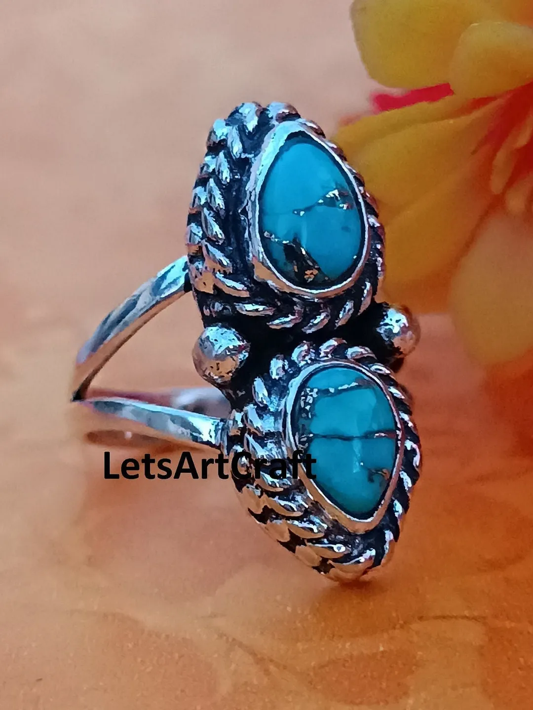 Handmade Turquoise Ring: 925 Sterling Silver Boho Statement Ring