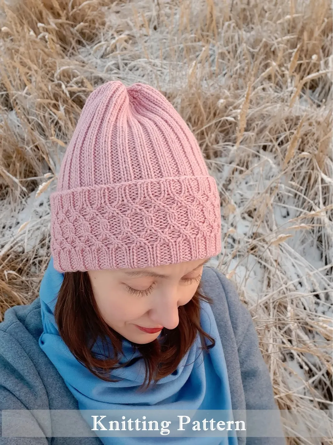Folded Brim Wintery Hat Knitting Pattern Slouchy shaped 3 sizes Hat with Ribbed and Cable