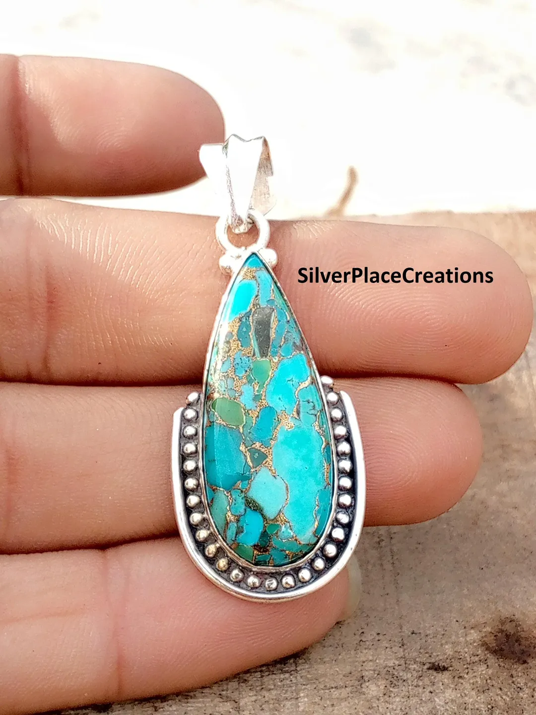 Handmade Sterling Silver Blue Copper Turquoise Pendant, Boho Spiritual Jewelry