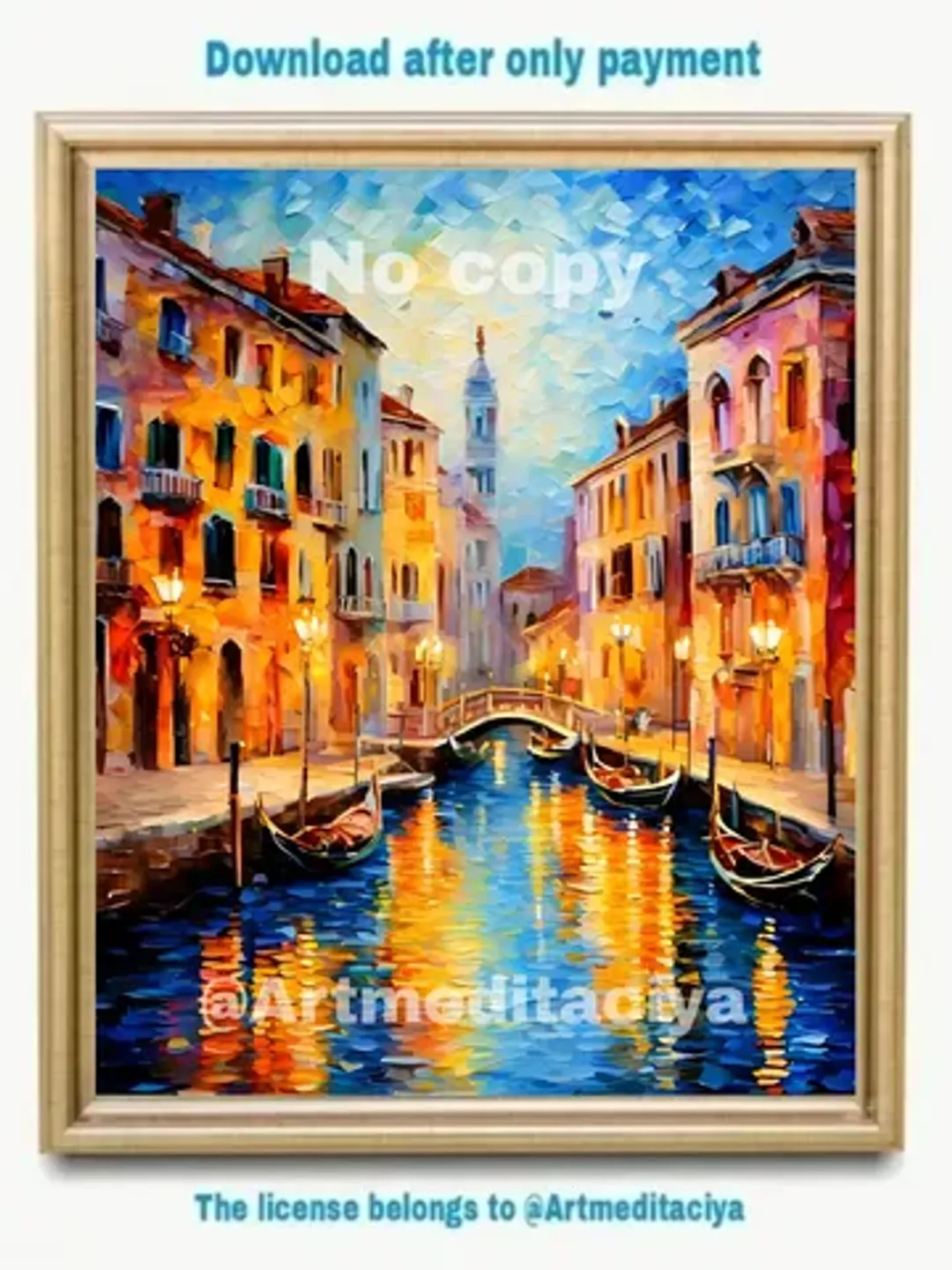 Digital abstract 3d texture painting "Venice". Textured colorful image of a narrow street of the old city of Venice on the water with gondolas under the evening illumination of lanterns in the style of oil painting with a palette knife, impasto