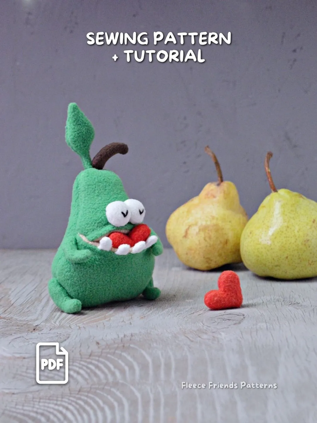 Pear Fruit Monster Plush Sewing Pattern PDF with Teeth & Secret Pocket
