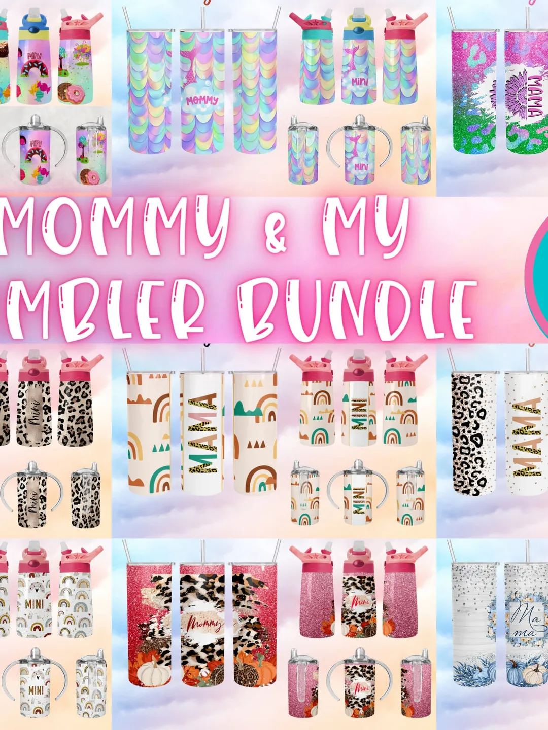 Bundle Mommy and me tumbler set digital download PNG Sublimation design for 20 oz skinny tumbler/ 12 oz Flip Top Kids water bottle