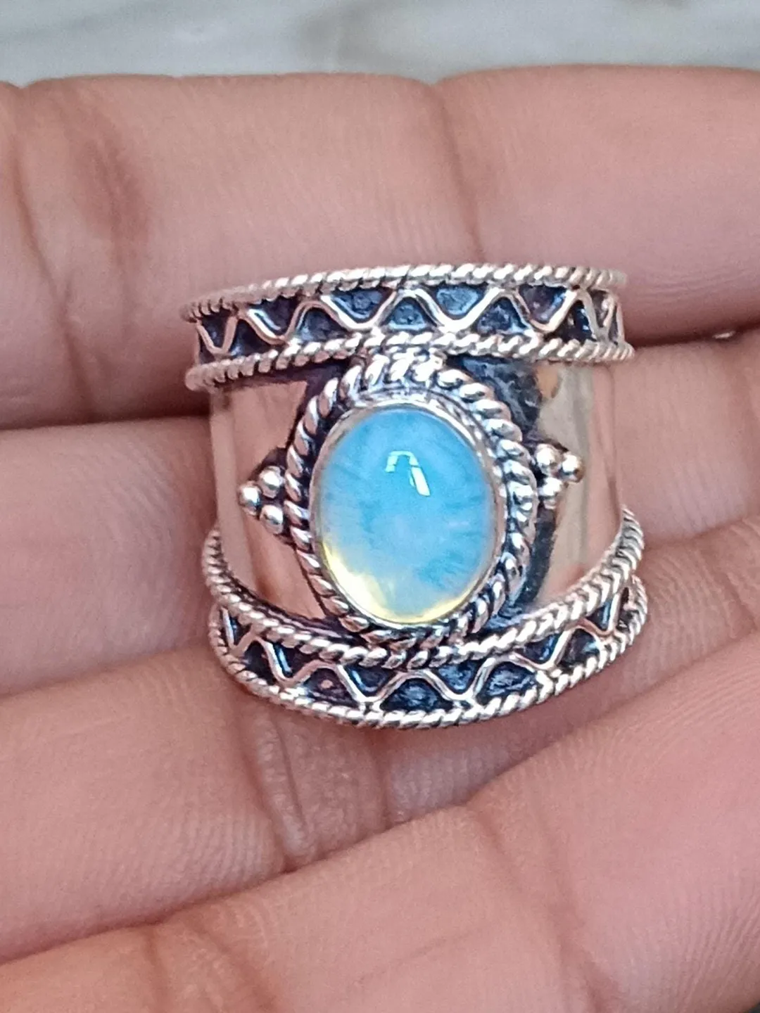 Popular Gifts Band Ring, Milky Opal Gemstone Ring, Handmade Ring, 925 Sterling Silver Ring, Silver Band Jewelry, Designer Gifts Ring,