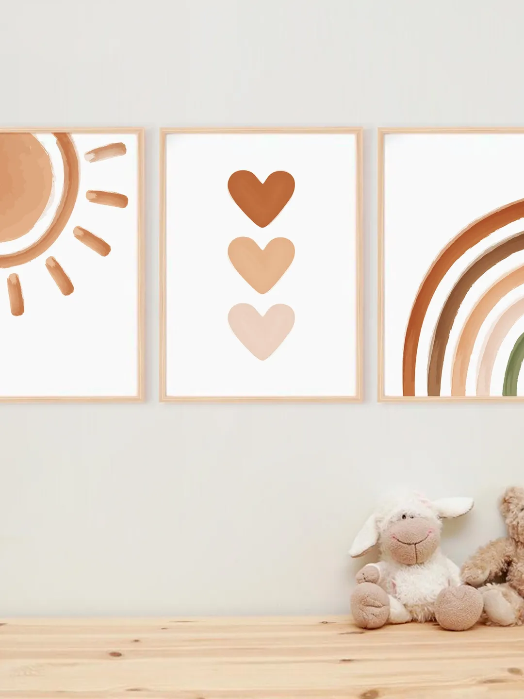 3 Piece Wall Art Boho Baby Nursery Decor Playroom Wall Sun Printable Poster Abstract Modern Rainbow Nursery Print Hearts Digital Download