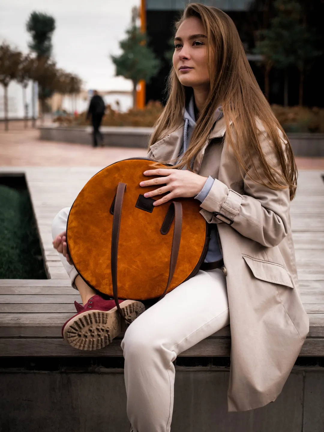 Brown leather shoulder bag, Women’s soft leather round handbag, Suede shoulder bag, Circle leather bag Messenger purse Shopper bag