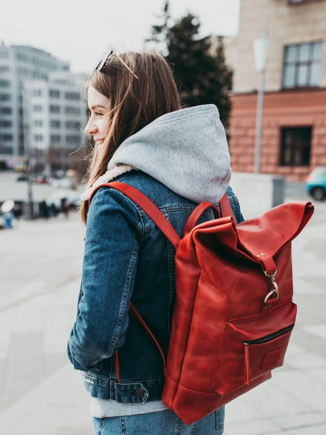 Red leather backpack, Roll Top backpack, Rolltop rucksack, Laptop backpack, Leather rucksack, Backpack women, city backpack.