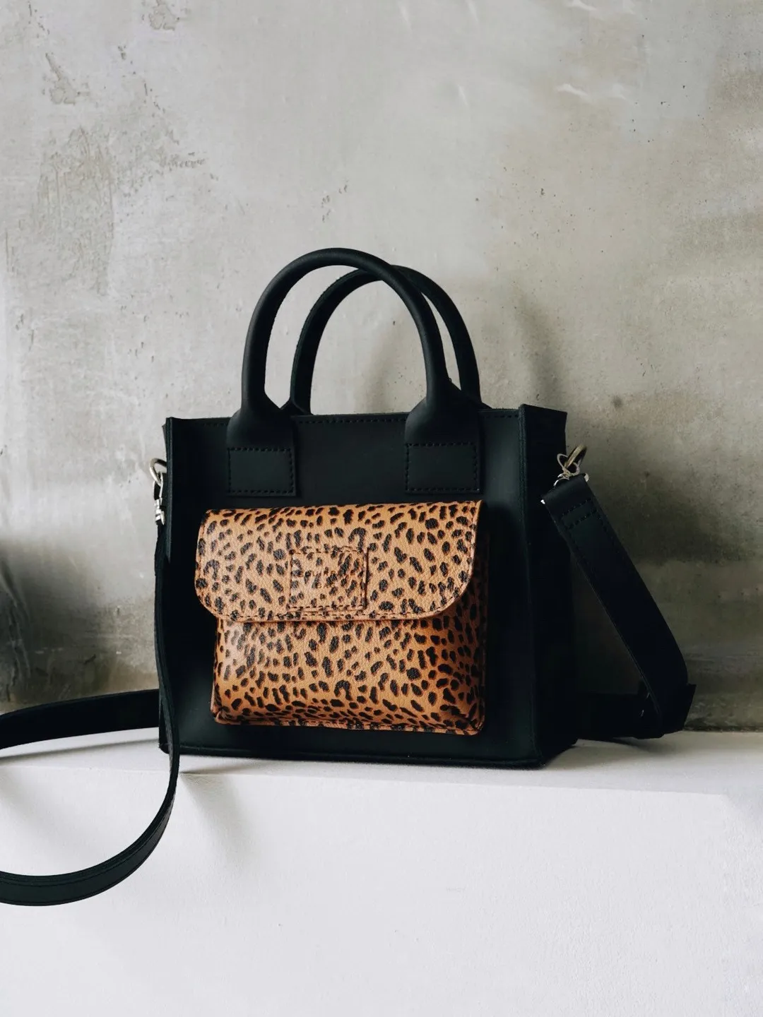 Women leather tote bag, Black shoulder bag, Animal tote bag, Gift for her, Black leather bag