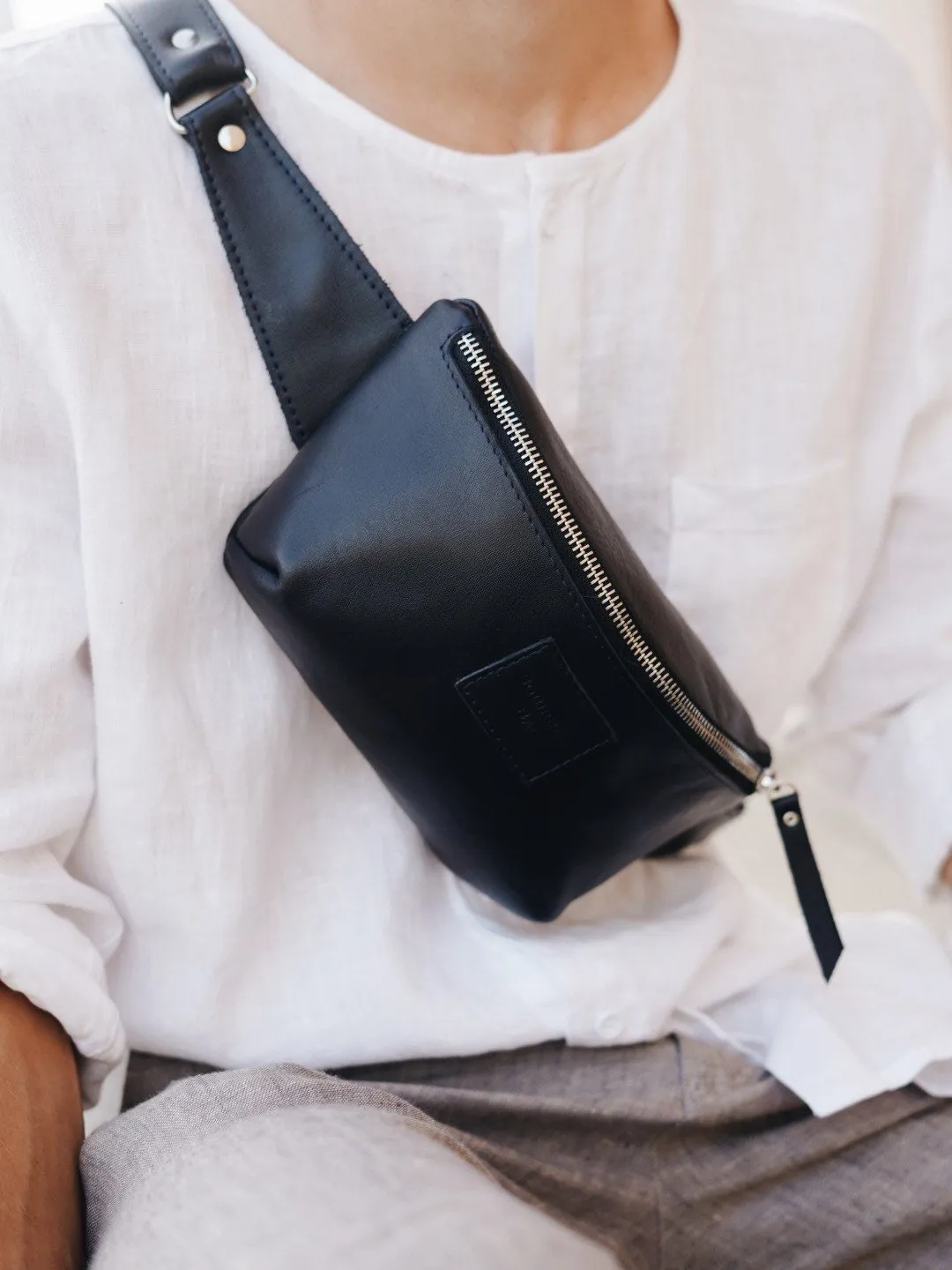 Black Crossbody leather Bag, Belt bag for Men