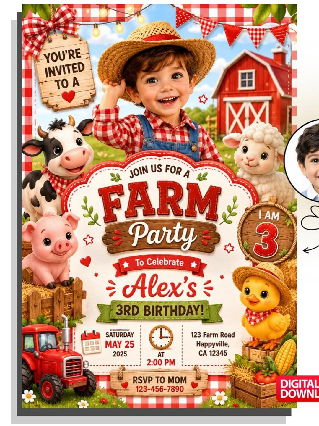 Custom Farm Birthday Invitation with Photo, Red Gingham Barnyard Party Invite (Digital Download)