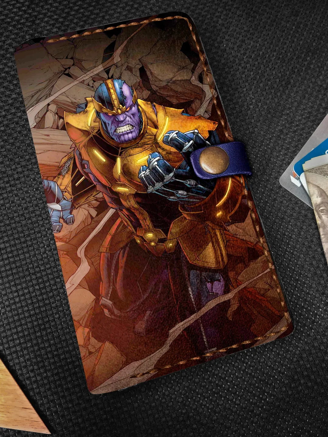 Thanos Leather iPhone Wallet Case, Personalized Strap Embossed Leather Wallet Case, Custom iPhone Case 7 8 X XR SE XS 11 12 mini Pro Max