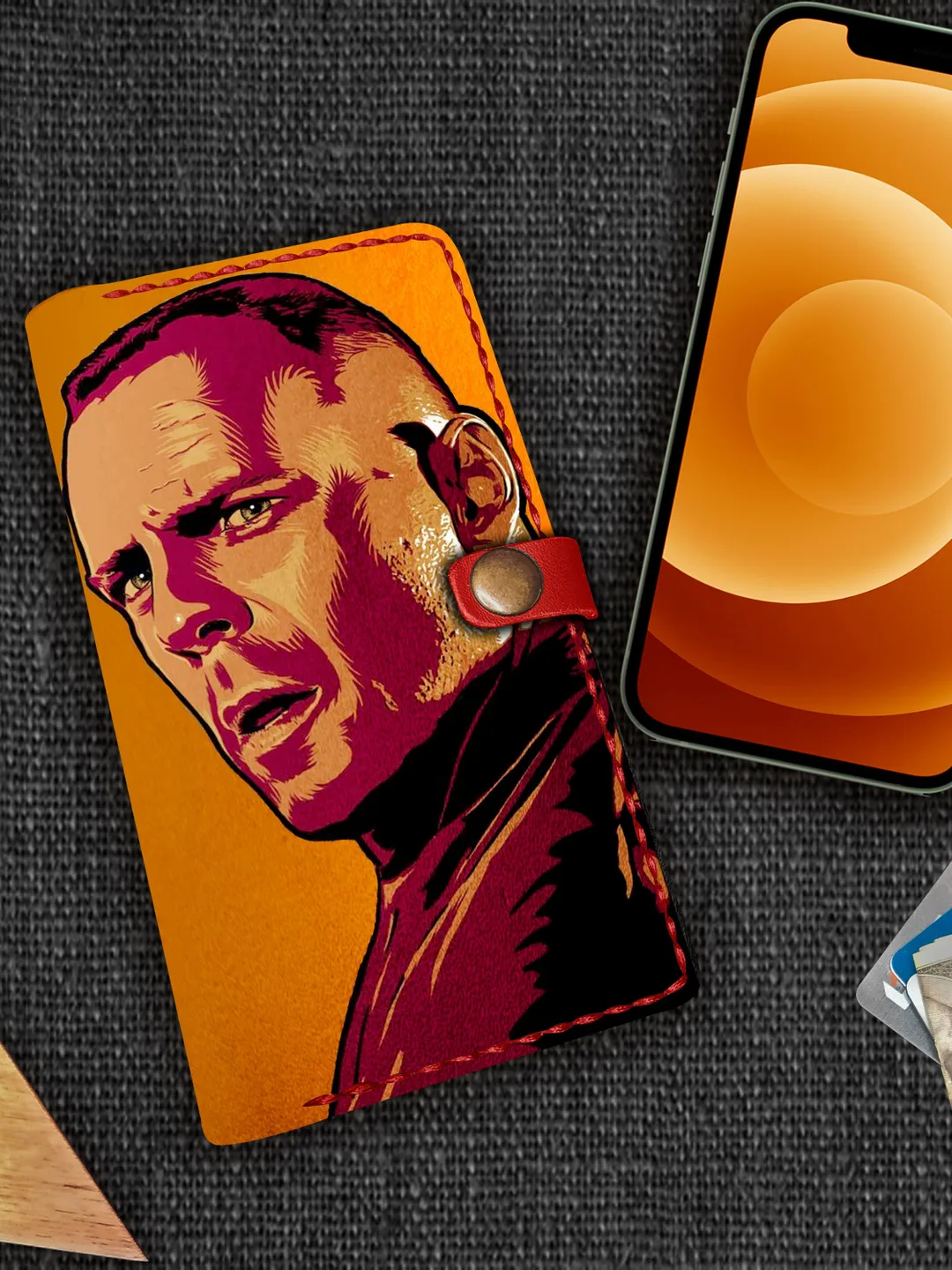 Pulp Fiction iPhone Case, Bruce Willis, Mens Womens Personalized Custom Embossed Hand Painted Leather iPhone X XR 12 13 Wallet Case