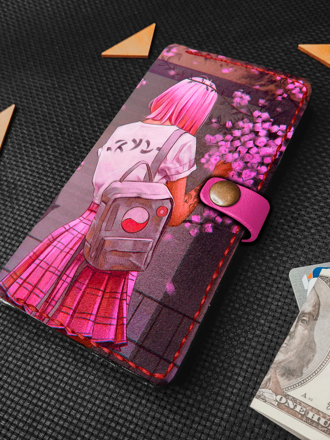 Anime Girl Leather iPhone Wallet Case, Manga Personalized Card Slot Embossed Leather Wallet Case, iPhone Case 7 8 X XR SE XS 11 12 Pro Max