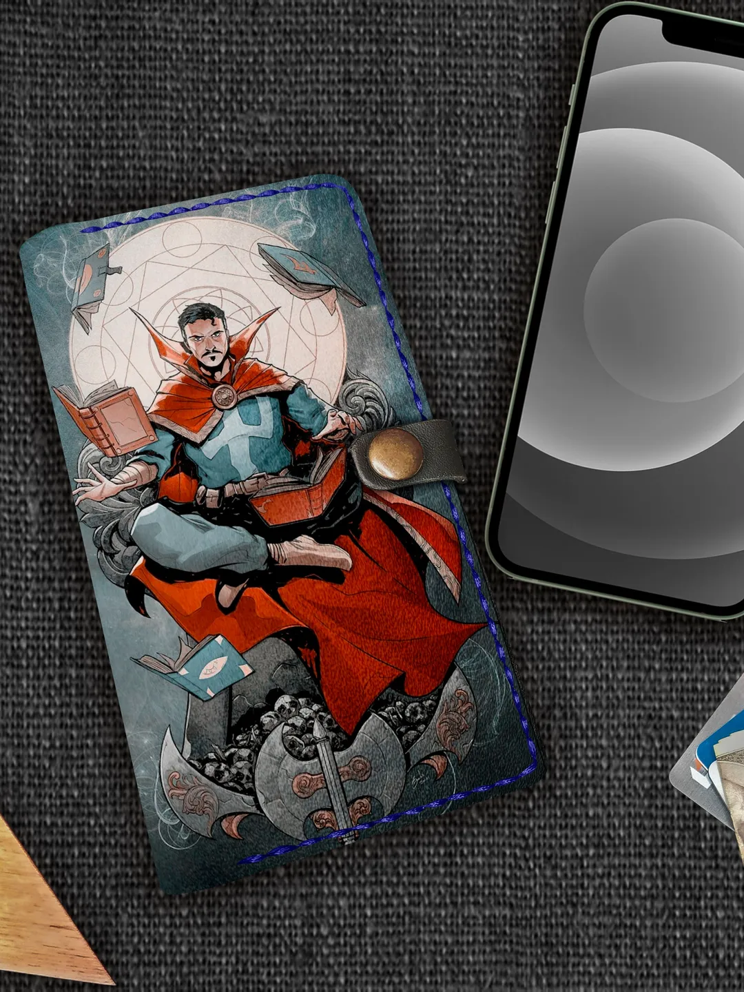 Doctor Strange iPhone case, All models iPhone X XR 12 13 Wallet case, Mens Womens Embossed Personalized Leather Marvel iPhone Wallet Case