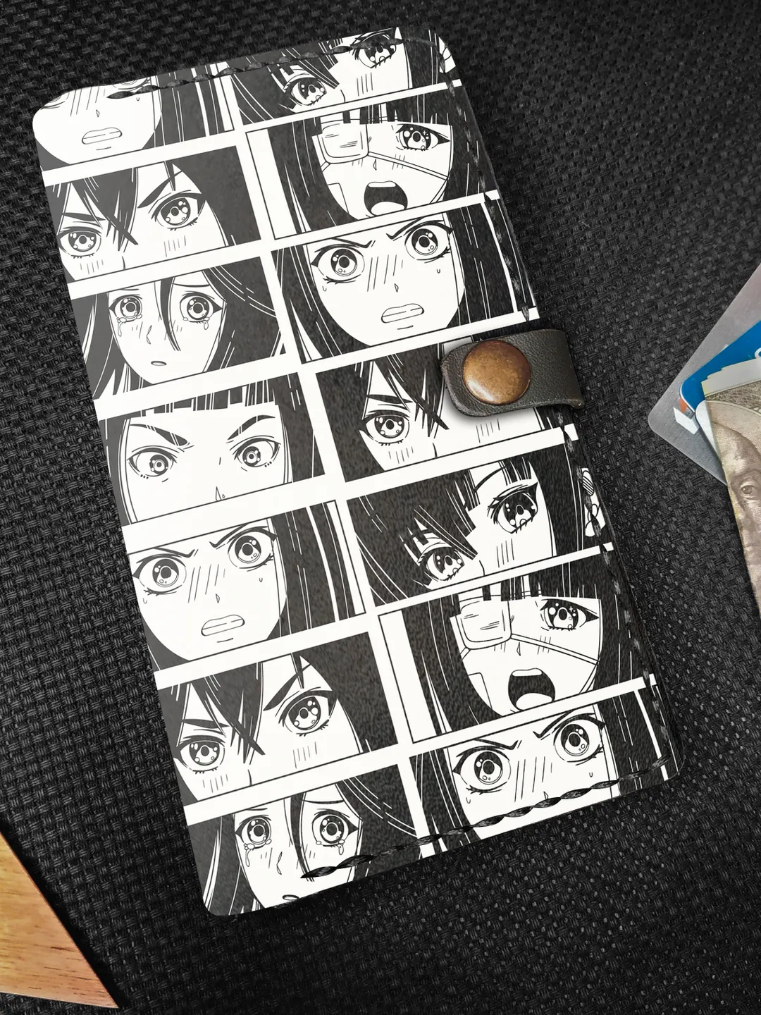 Anime Leather iPhone Wallet Case, Manga Personalized Strap Card Slot Embossed Leather Wallet Case, iPhone Case 7 8 X XR SE XS 11 12 Pro Max