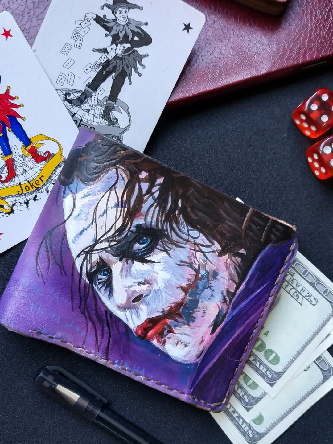 JOKER Heath Ledger Wallet, Slim Leather Wallet Mens, Minimalist wallet men, Men slim wallet geek, Superhero wallet, Carved Embossed wallet