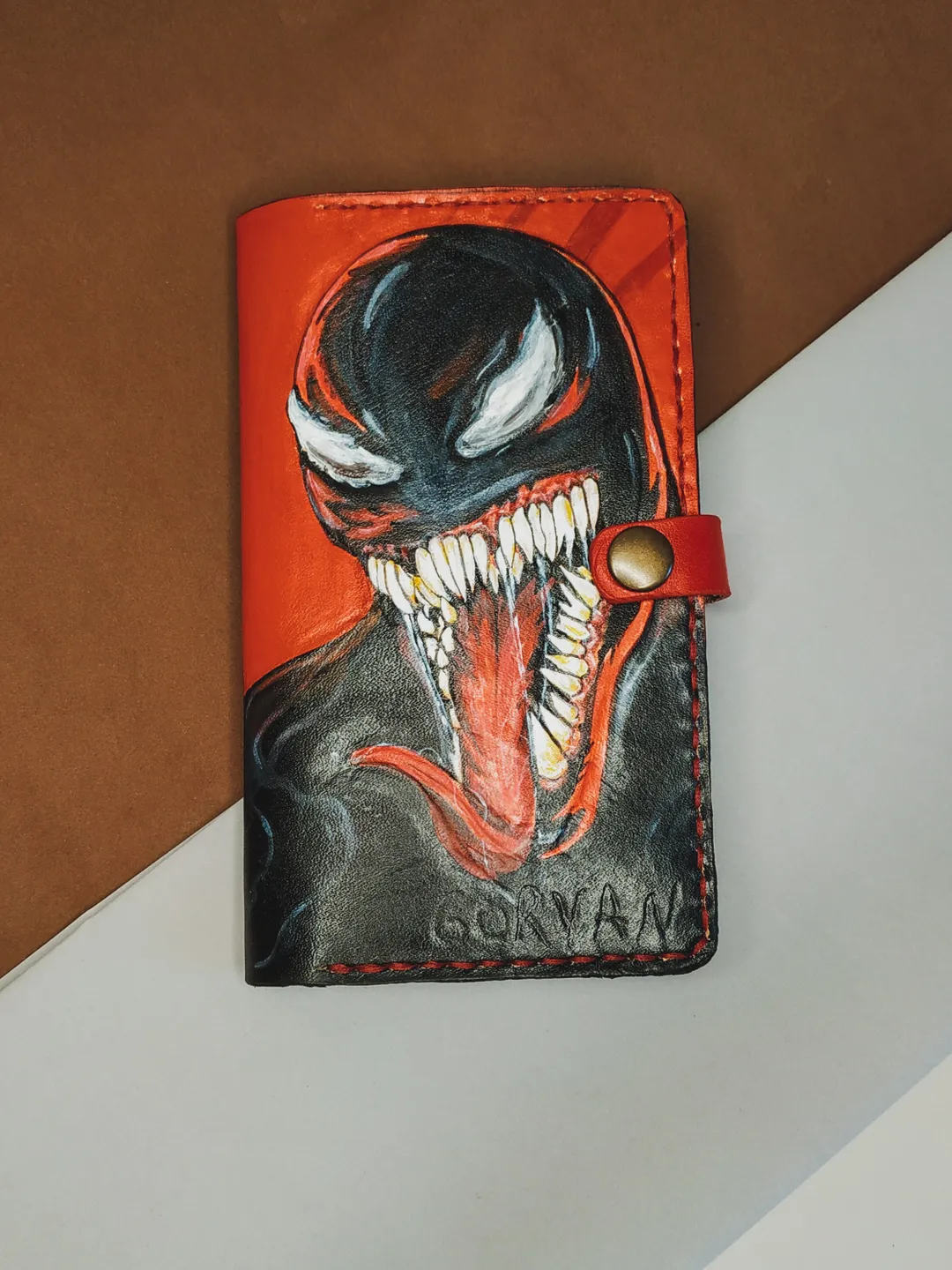 Venom iPhone 12 13 case, Leather Embossed Hand Painted iPhone case wallet, Avengers Marvel phone case, Mens phone wallet, Travel Geek wallet
