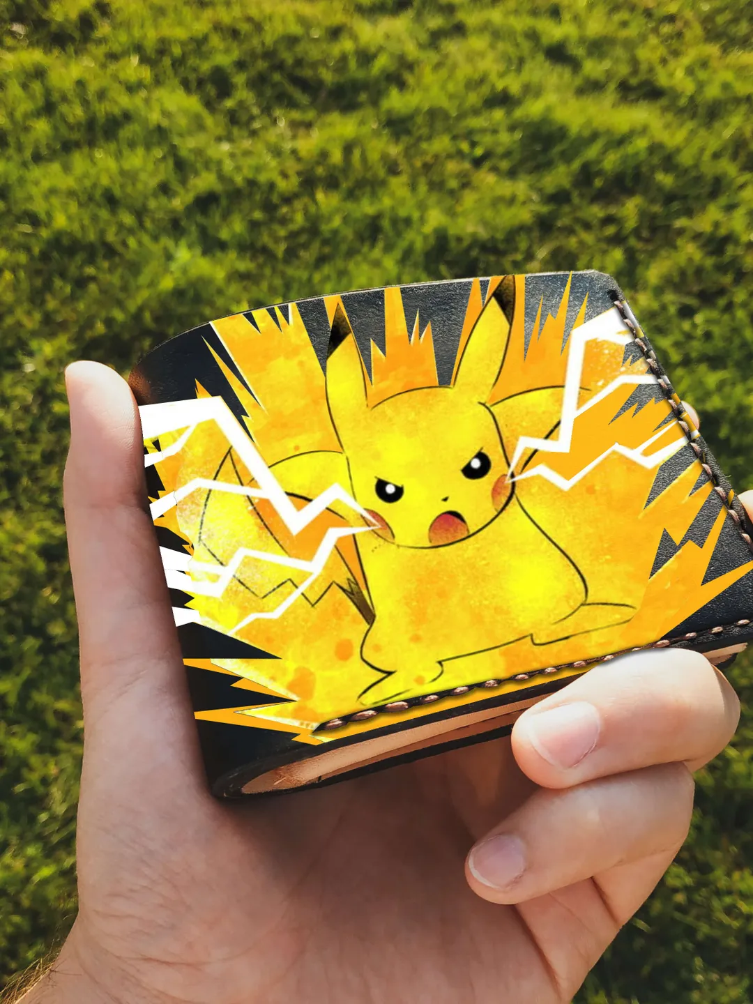 Pikachu Pokemon wallet, Anime wallet, Personalized Leather wallet for men, Custom mens bifold wallet, Hand tooled wallet, Embossed wallet