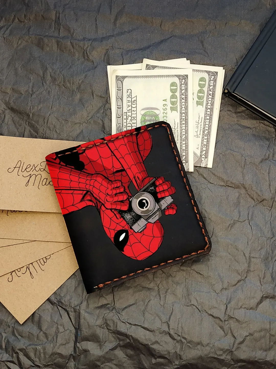 Spiderman Wallet Geek, Small Leather wallet, Personalized slim wallets for men, Bifold thin leather wallet, Custom mens wallets leather