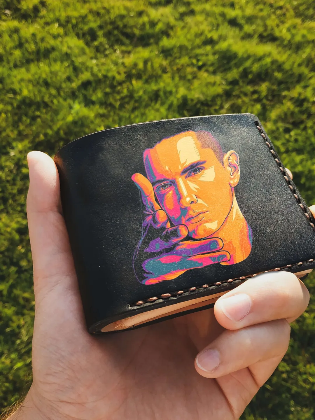 Eminem Wallet, Mens leather wallet Personalized, Custom Bifold Womens Embossed Hand Painted wallets, Rap Music wallet for husband, Son