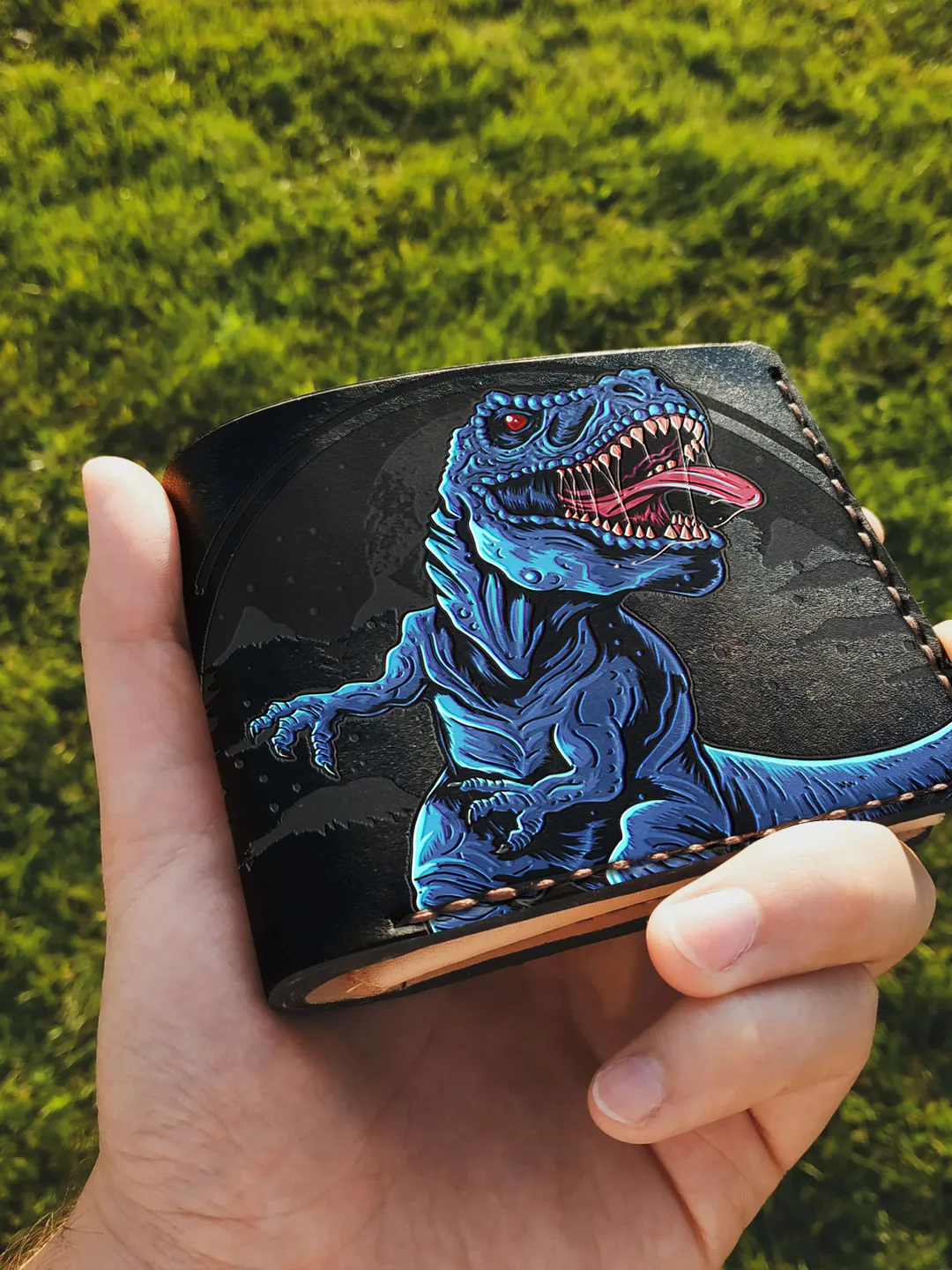 Jurassic T-Rex Embossing Handmade Wallet, Dino Dinosaur Leather wallet men, Personalized Custom Wallet, Bifold leather wallet mens id pocket