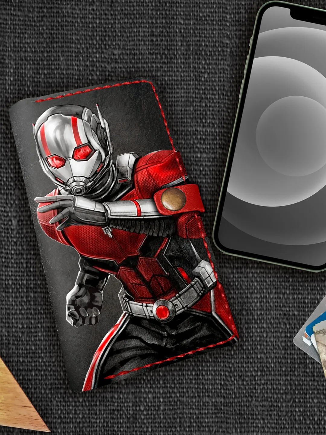Ant Man iPhone case, All models iPhone X XR 12 13 Wallet case, Mens Womens Embossed Personalized Leather Avengers Marvel iPhone Wallet Case