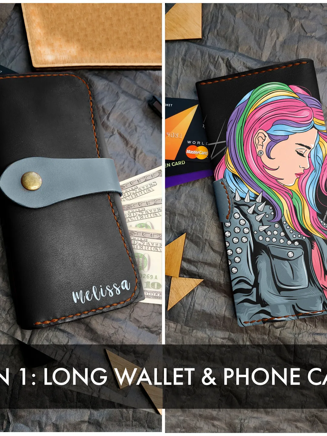 Women's Leather wallet elastic bifold, Black Personalized Engraved Monogram Women Purse Clutch Accessories, Gift Gifts Sister Girlfriend Mom