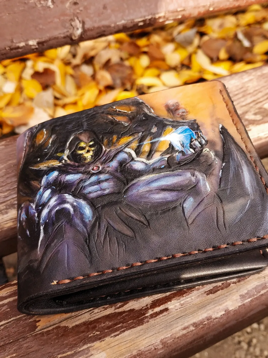 Skeletor Leather Wallet, He-man inspired Personalized Embossing Handmade Wallet, Skull leather wallet men women, Skeleton wallet gift gifts
