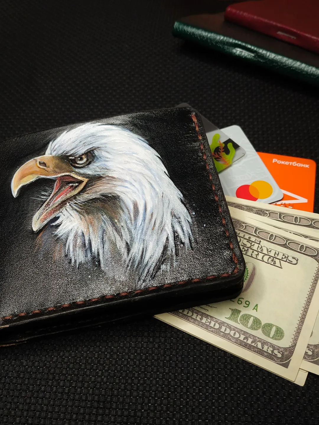 Eagle Embossing Handmade Wallet Mens, Black Leather wallet men, Personalized Animal Wallet Man, Bifold leather wallet mens id gift gifts