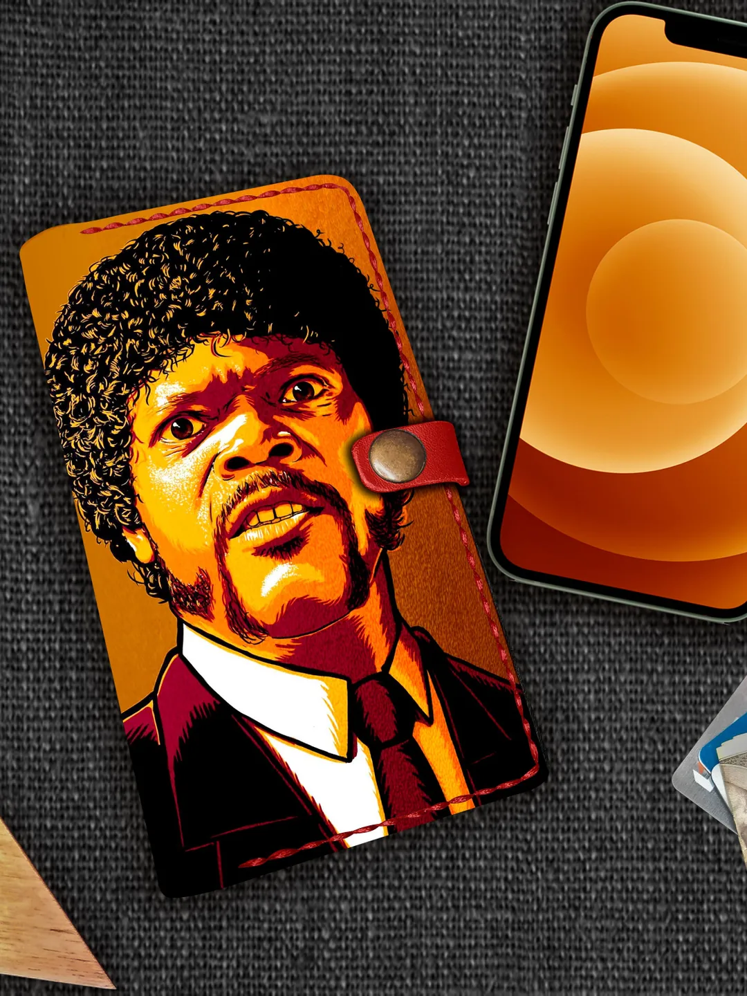 Pulp Fiction iPhone Case, Samuel L Jackson, Mens Womens Personalized Custom Embossed Hand Painted Leather iPhone X XR 12 13 Wallet Case
