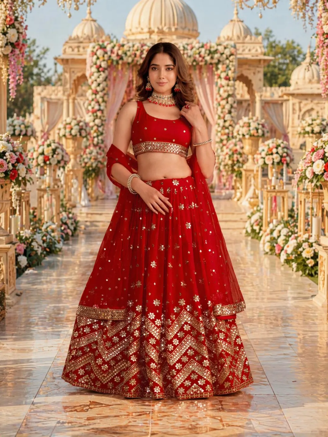 Red Georgette Lehenga Choli: Sequin Embroidery Indian Wedding Wear Ready To Wear