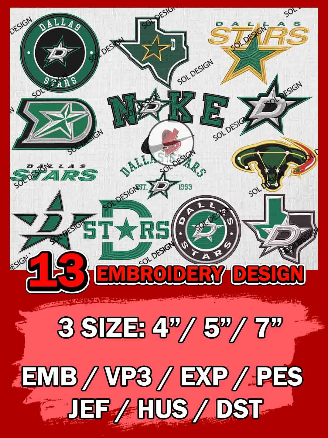 NHL Dallas Stars Bundle Embroidery Files, NHL Dallas Stars Team Bundle Embroidery Designs, NHL Teams, National Hockey League 3 sizes, NHL Stars Hockey Machine embroidery designs, Digital Download