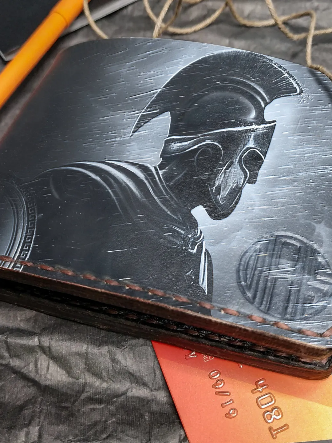 Personalized Leather Wallet, Spartan Warrior Roman, Black bifold, Veg Tan Leather Embossed wallet, Hand Painted wallet men women Custom Gift