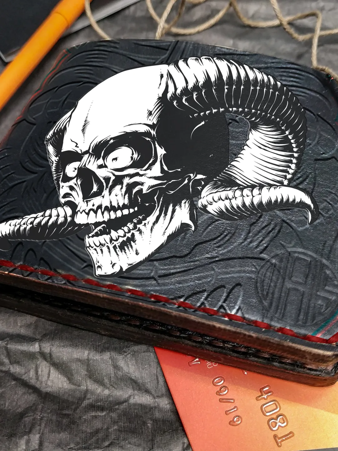Hell Skull with Horns wallet, Brave wallet, Personalized Embossed Leather Wallet, Bifold Men, Handpainted leather wallet mens womens, gifts