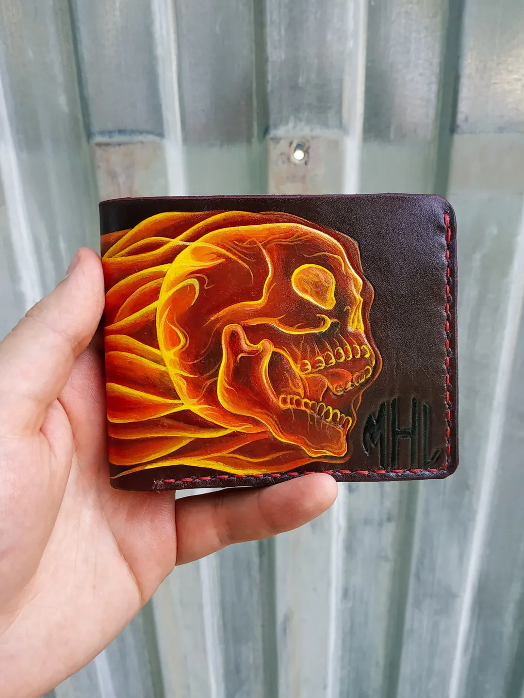 Personalized Leather Wallet, Fiery Skull & Skeleton, Black bifold, Leather Embossed wallet, Hand Painted wallet men women, Custom Wallet