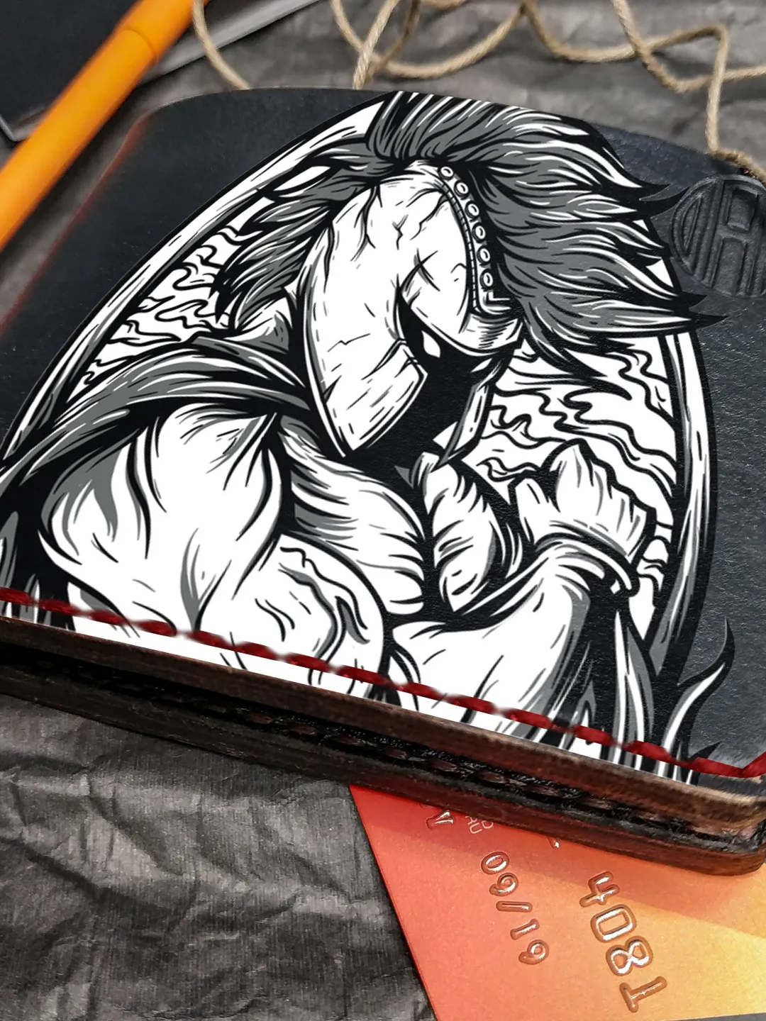 Personalized Leather Wallet, Spartan Warrior Roman, Black bifold, Leather Embossed wallet, Hand Painted wallet men women, Custom Gift