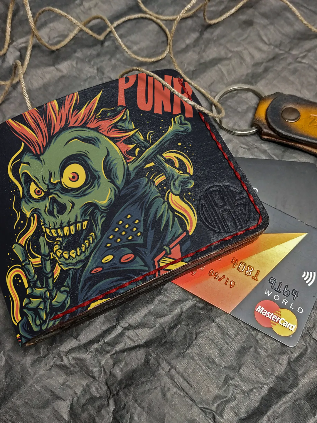 Personalized Leather Wallet, Punk Skull Skeleton, Black bifold, Veg Tan Leather Embossed wallet, Hand Painted wallet men women, Custom Gift