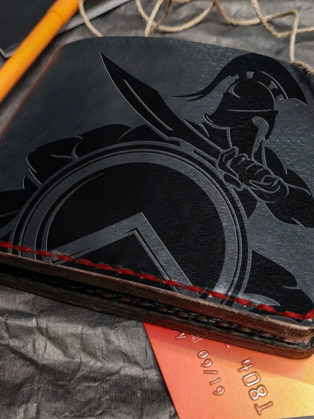 Personalized Leather Wallet, Spartan Warrior Roman, Black bifold, Veg Tan Leather Embossed wallet, Hand Painted wallet men women Custom Gift