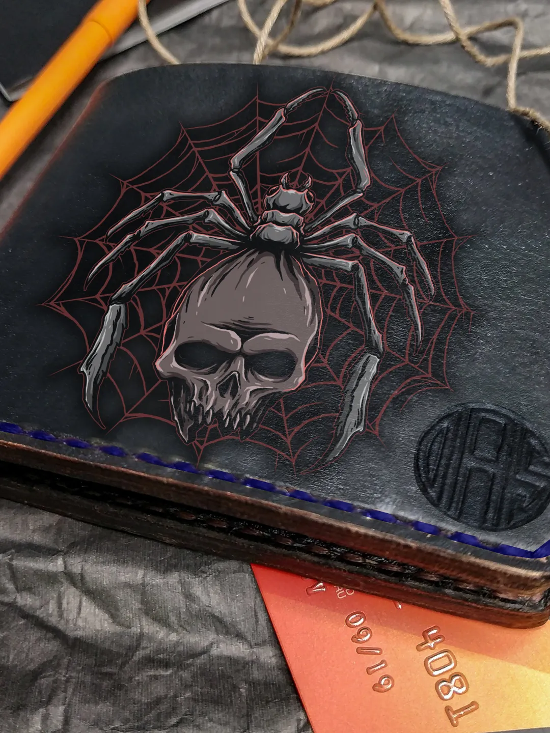 Spider Skull wallet, Personalized  Embossed Leather Wallet, Black Brave Bifold Men, Handpainted leather wallet, Mens Womens wallet him gift