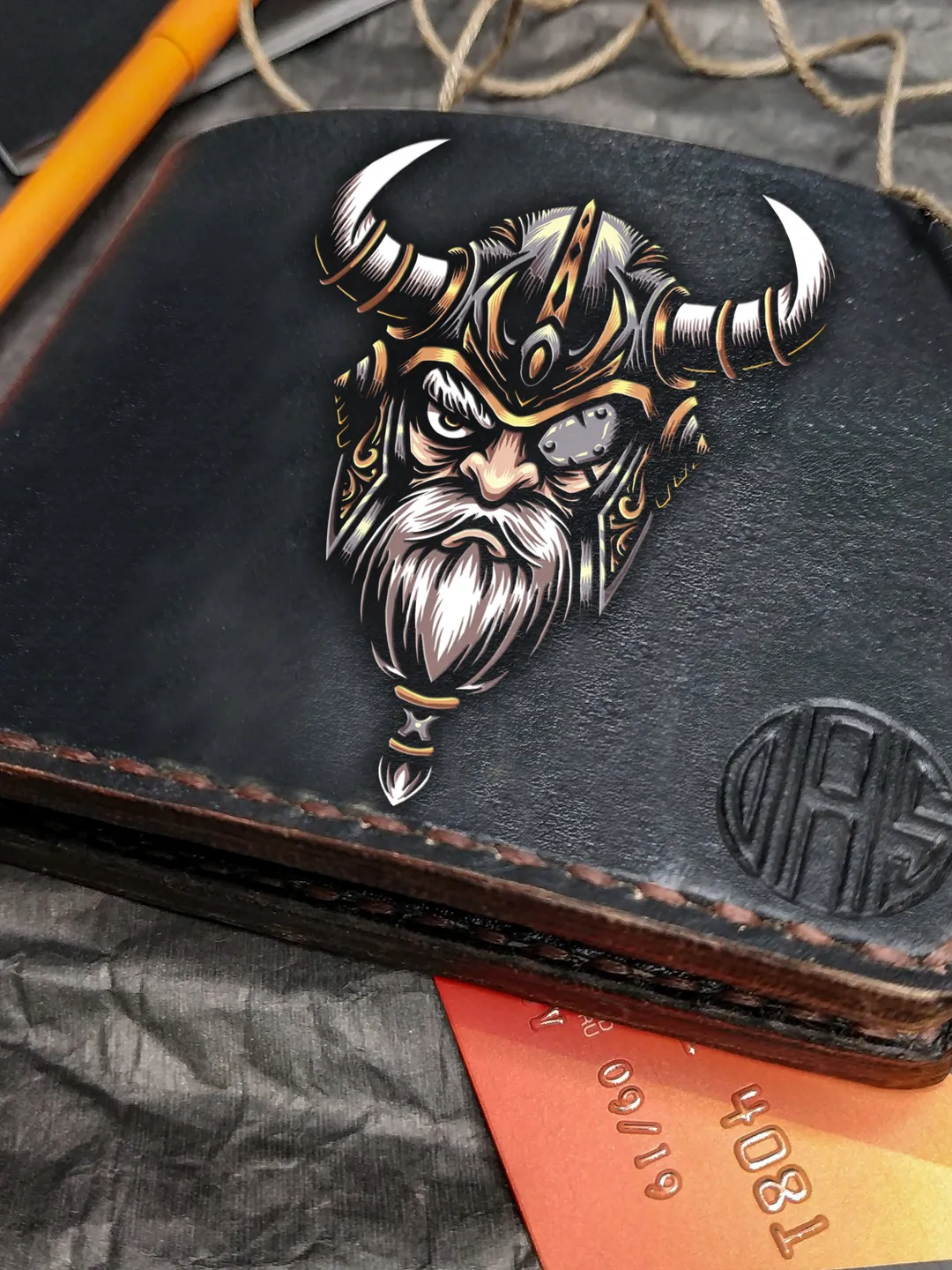 Scandinavian God Odin Thor, Personalized Leather Wallet, Black bifold, Leather Embossed wallet, Hand Painted wallet men women, Custom Wallet