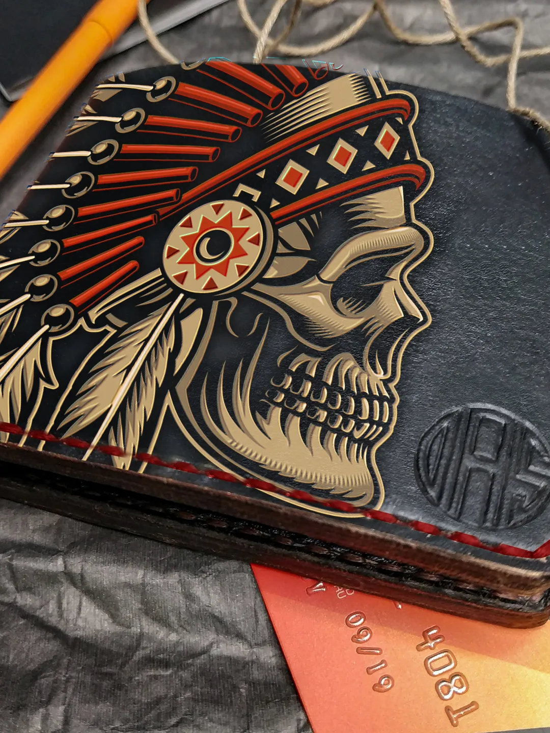 Indian Skull Wallet, Native american wallet, Personalized Leather Wallet bifold, Leather Embossed wallet, Mens wallet, Women's wallet