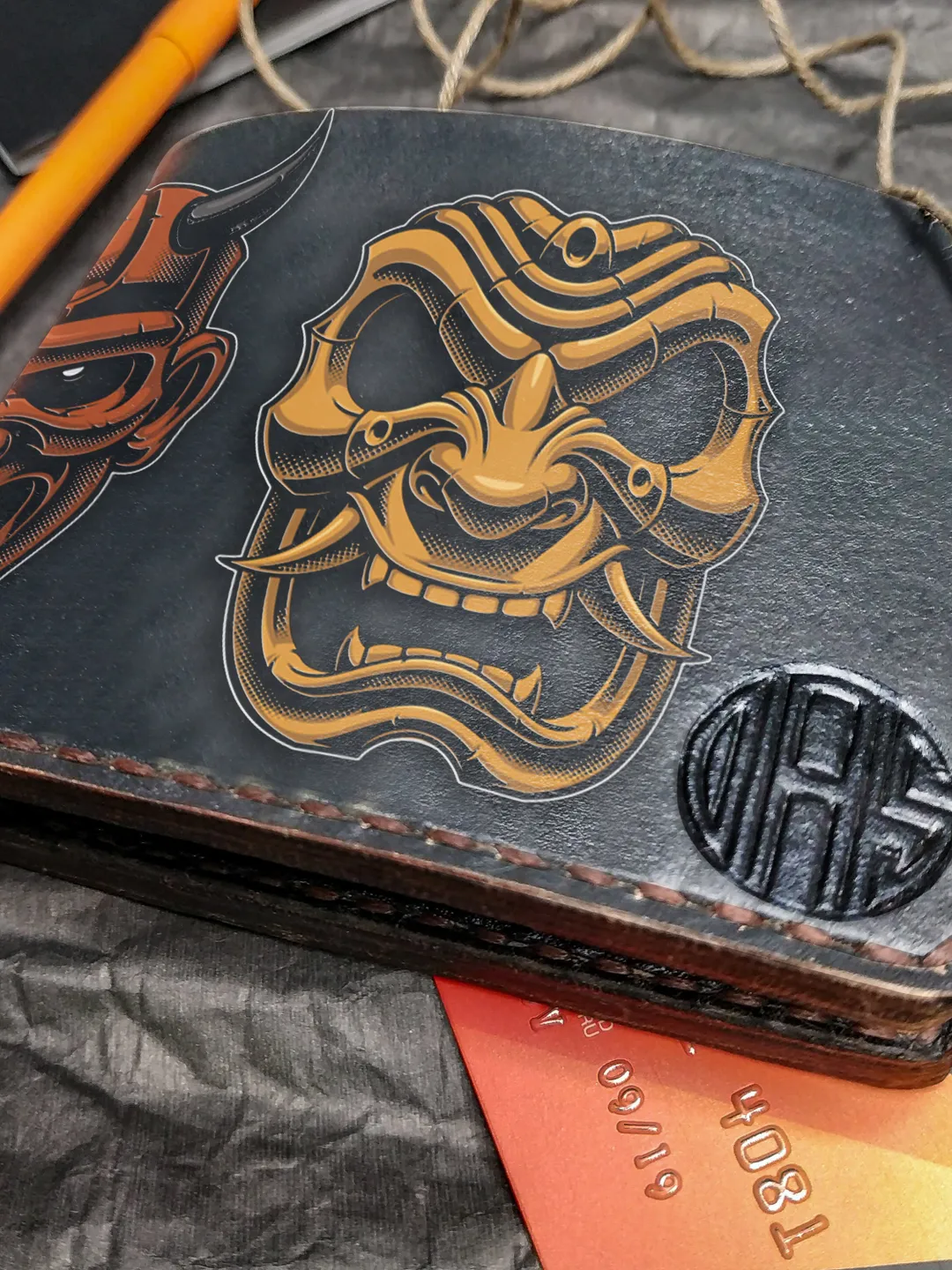 Japan Samurai masks wallet, Japanese wallet, Personalized Leather Wallet, Bifold Men, Leather Embossed wallet, Mens Women's wallet bifold