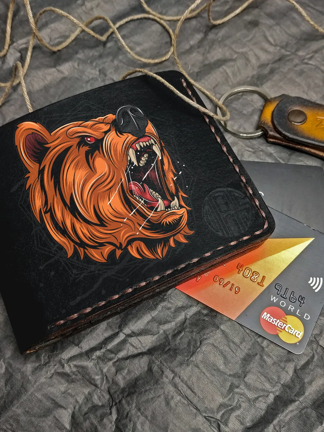 Bear Leather wallet, Personalized Embossed Leather Wallet, Black Brave Bifold Men, Handpainted leather wallet, Mens Womens wallet him gift