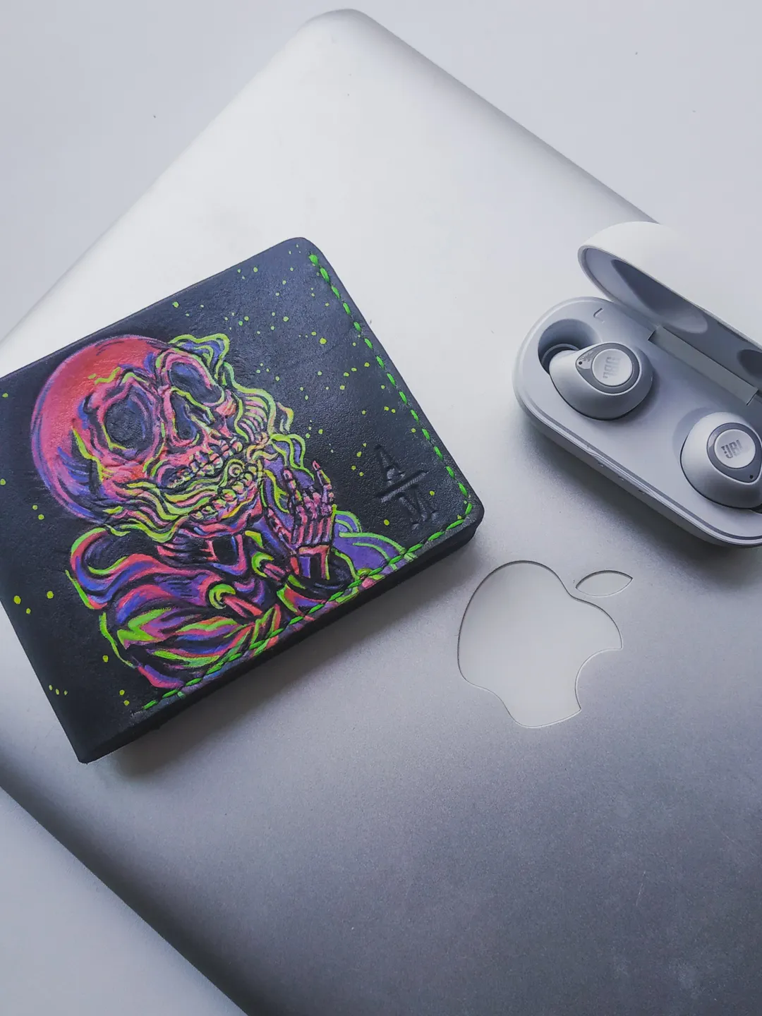 Personalized Leather Wallet, Skull and Skeleton, Black bifold, Veg Tan Leather Embossed wallet, Hand Painted wallet men women, Custom Gift