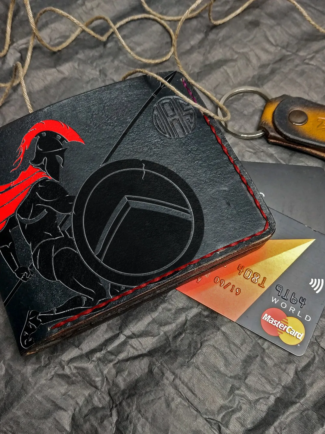 Personalized Leather Wallet, Spartan Warrior Roman, Black bifold, Leather Embossed wallet, Hand Painted wallet men women, Custom Gift